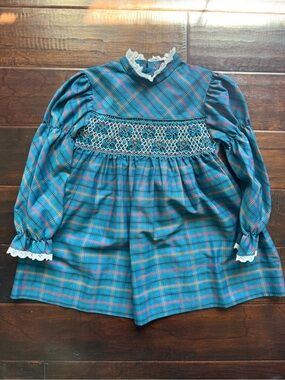 Vintage Polly Flinders Smocked Dress Size 6T Teal Plaid Cottagecore